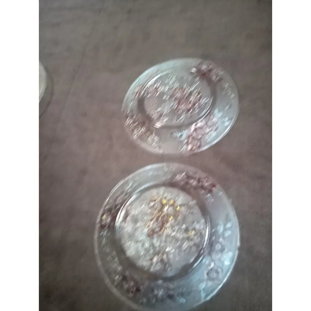 Vtg Rerverse Pressed Glass Plates~CLEAR with colored Flowers 8 1/4